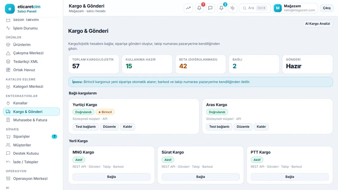 eticaretcim kargo ve gönderi ekranı: bağlı kargo firmaları, birincil kargo ve takip numarası (örnek veri)